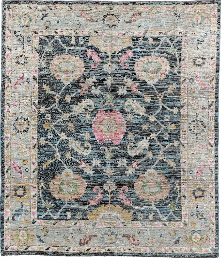 8' x 9' one-of-a-kind handmade vintage Oushak rug. Color palette: black, blue, charcoal, dark gray, gainsboro, gray