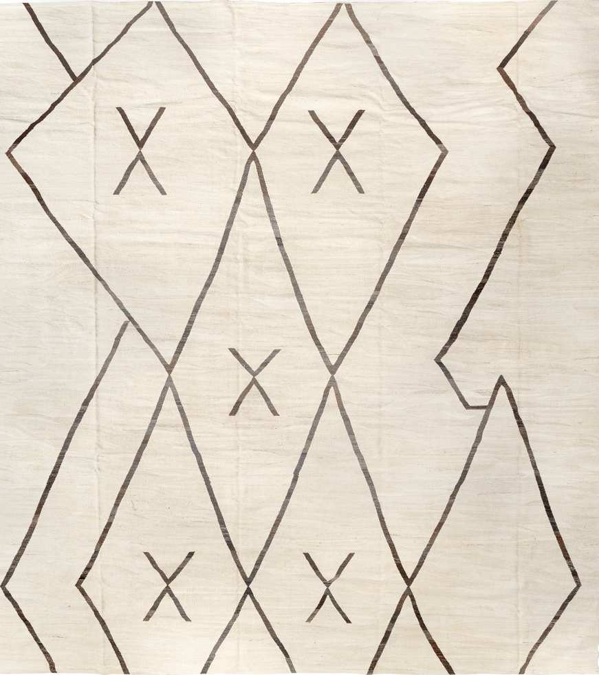 14' x 15' one-of-a-kind handmade vintage Kilim oversize rug. Color palette: antiquewhite, beige, black, brown, dark gray