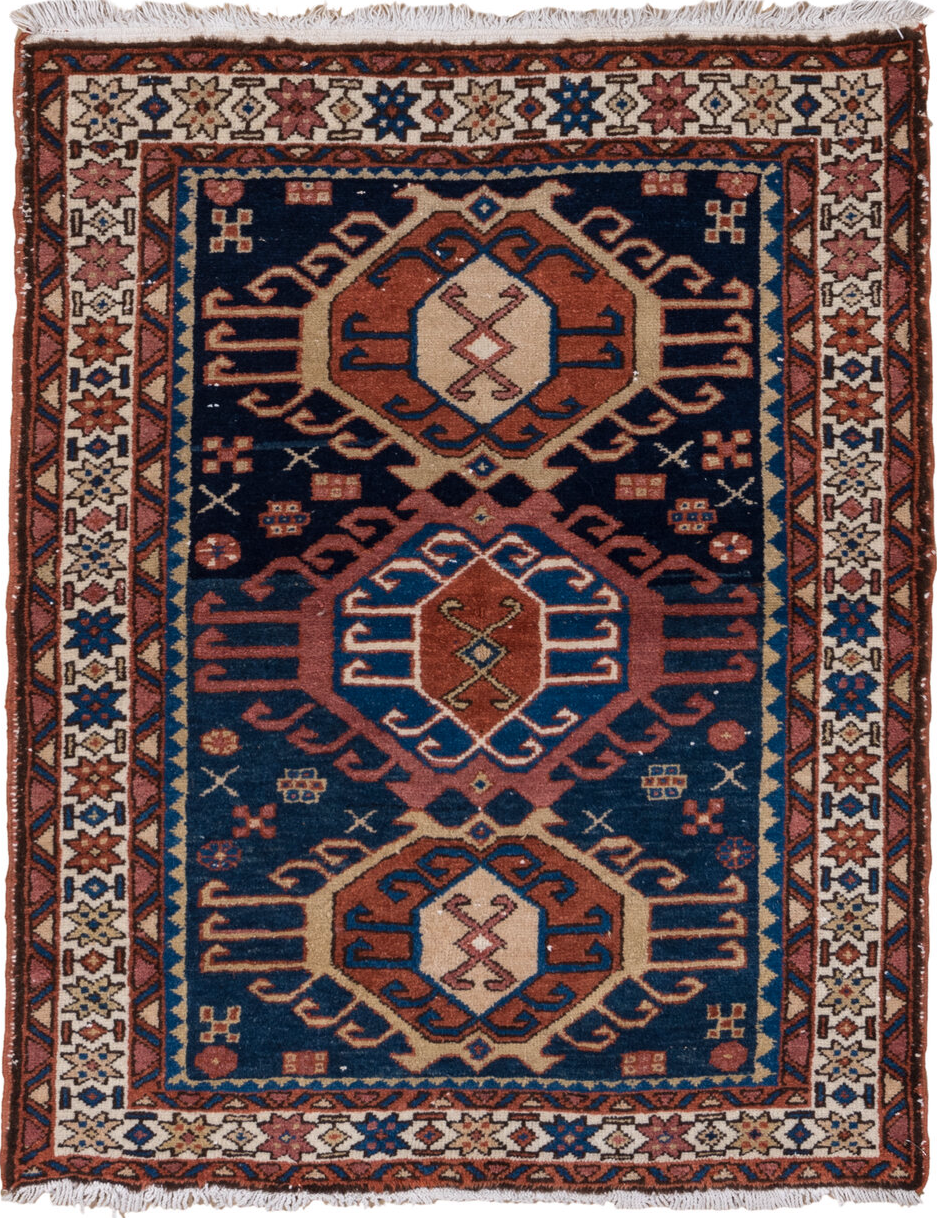 3' x 4' one-of-a-kind handmade vintage Karaje small size rug. Color palette: blue, brown, gray, light gray, off-white, pink