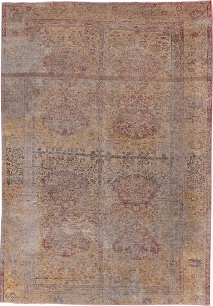 5' x 8' one-of-a-kind handmade vintage Sivas medium size rug. Color palette: brown, gray, light gray, off-white, pink