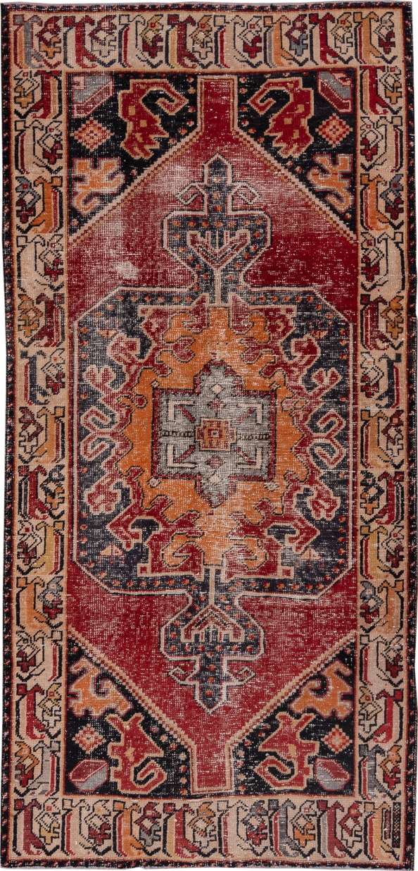 3' x 8' one-of-a-kind handmade vintage Oushak runner rug. Color palette: black, brown, charcoal, gray, pink, red, redwood