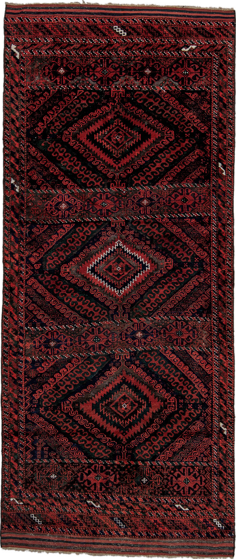 3' x 8' one-of-a-kind handmade vintage Belouch runner rug. Color palette: black, brown, charcoal, gray, pink, red, redwood