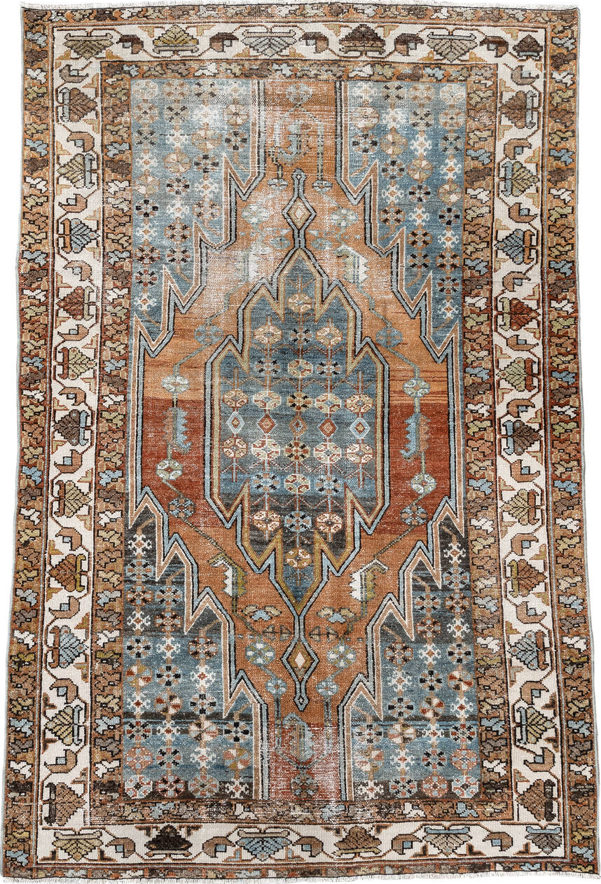 4' x 6' one-of-a-kind handmade vintage Mazlaghan small size rug. Color palette: antiquewhite, black, blue, brown, charcoal