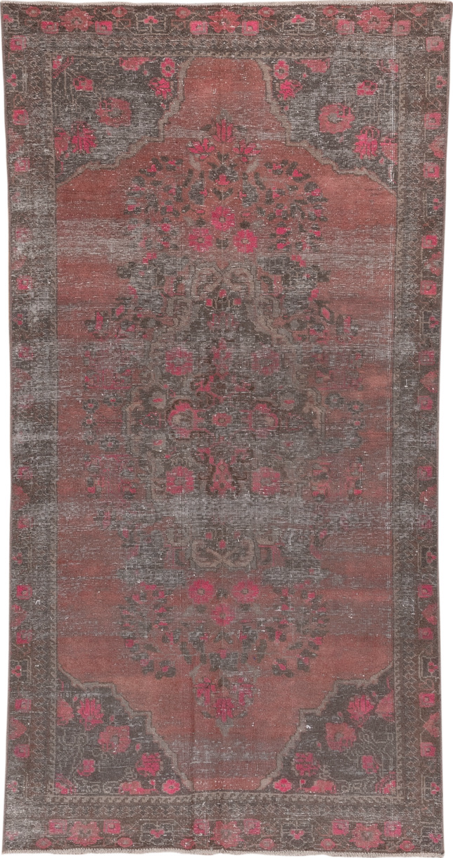 4' x 8' one-of-a-kind handmade vintage Distressed rug. Color palette: brown, gray, light gray, pink, red, rosy brown