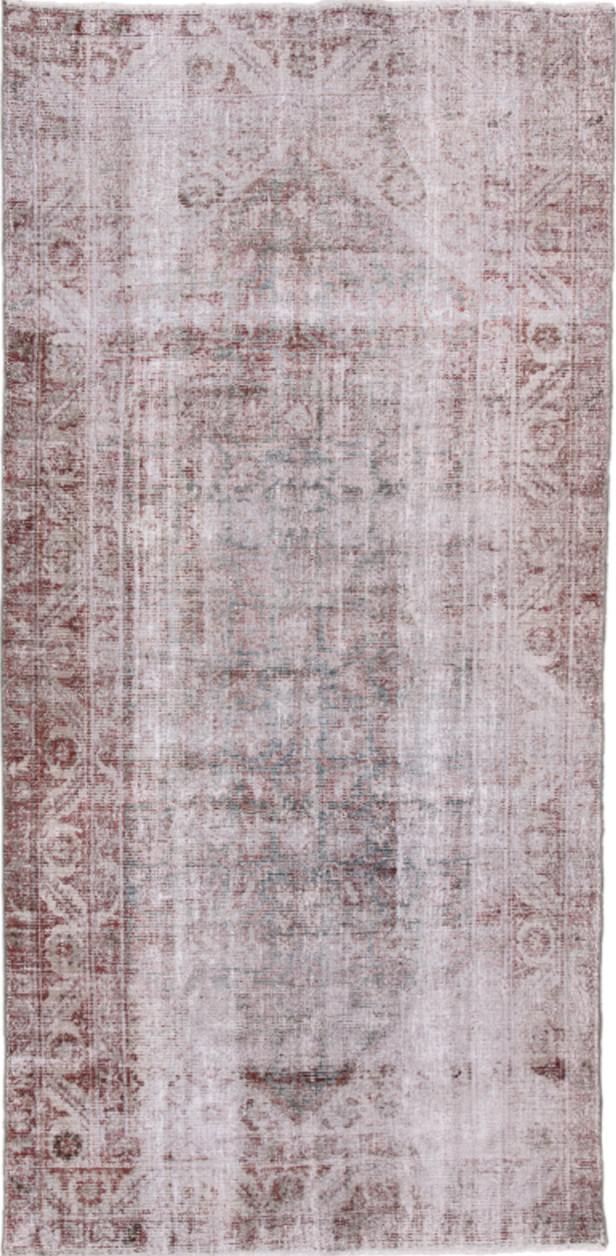 4' x 9' one-of-a-kind handmade vintage Malayer runner rug. Color palette: gray, light gray, off-white, pink, dark gray