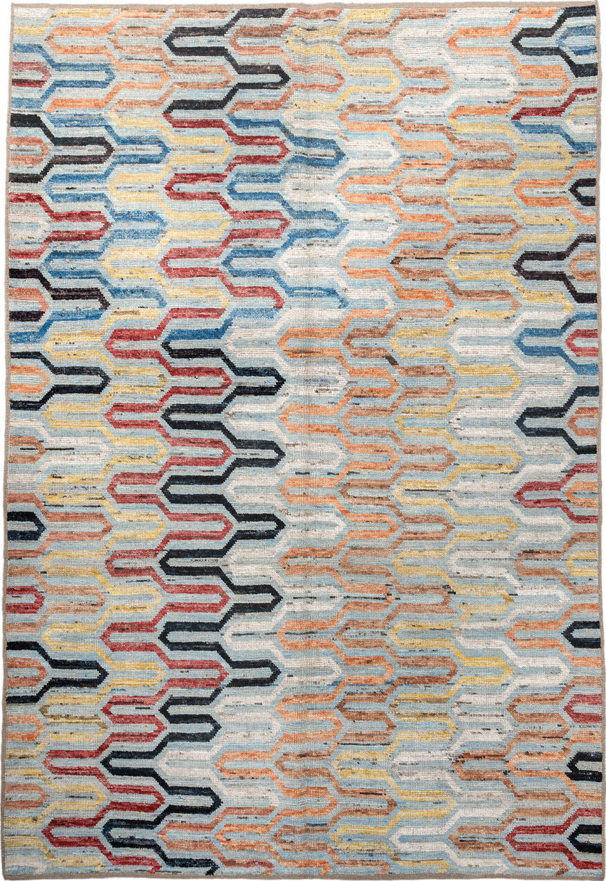 6' x 9' one-of-a-kind handmade vintage Tulu medium size rug. Color palette: antiquewhite, blue, brown, dim gray, gray