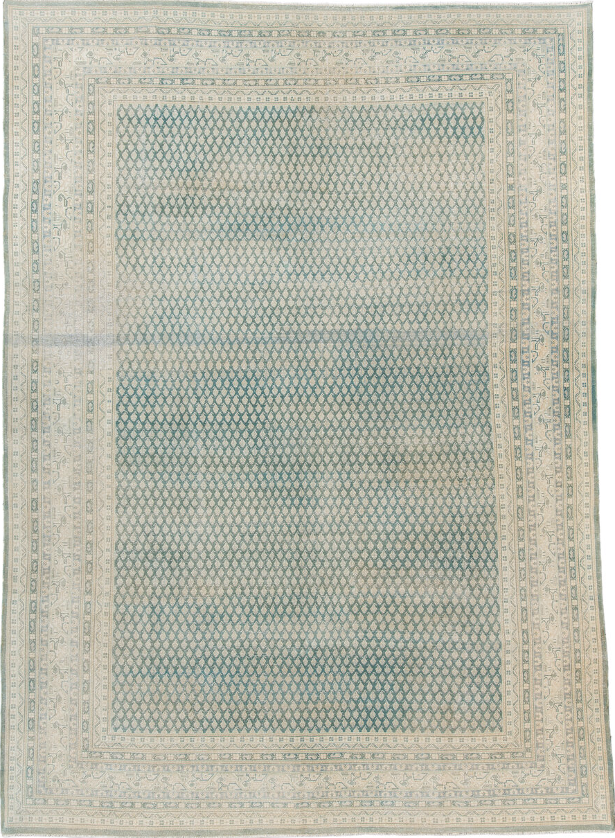 8' x 11' one-of-a-kind handmade vintage Mir large size rug. Color palette: brown, gainsboro, gray, light gray, off-white