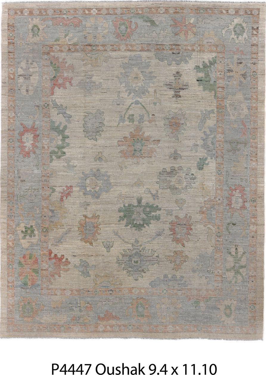9' x 11' one-of-a-kind handmade vintage Oushak large size rug. Color palette: gray, light gray, off-white, brown, pink