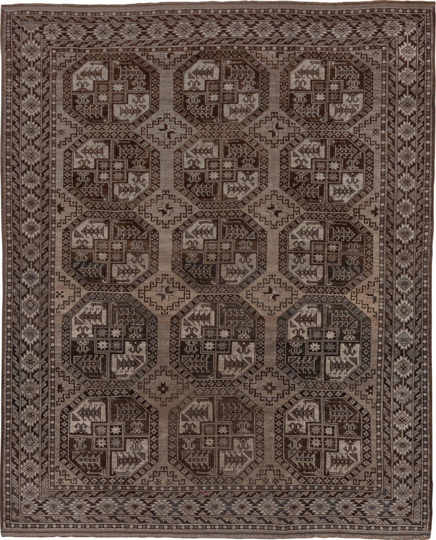 7' x 9' one-of-a-kind handmade vintage Afghan rug. Color palette: brown, gray, off-white, pink, snow, white, whitesmoke