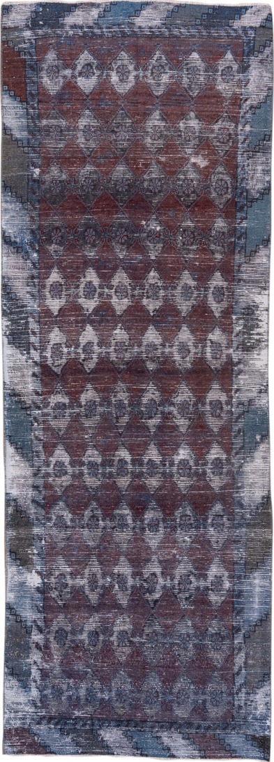 3' x 8' one-of-a-kind handmade vintage Overdyed runner rug. Color palette: blue, brown, gray, light blue, light gray