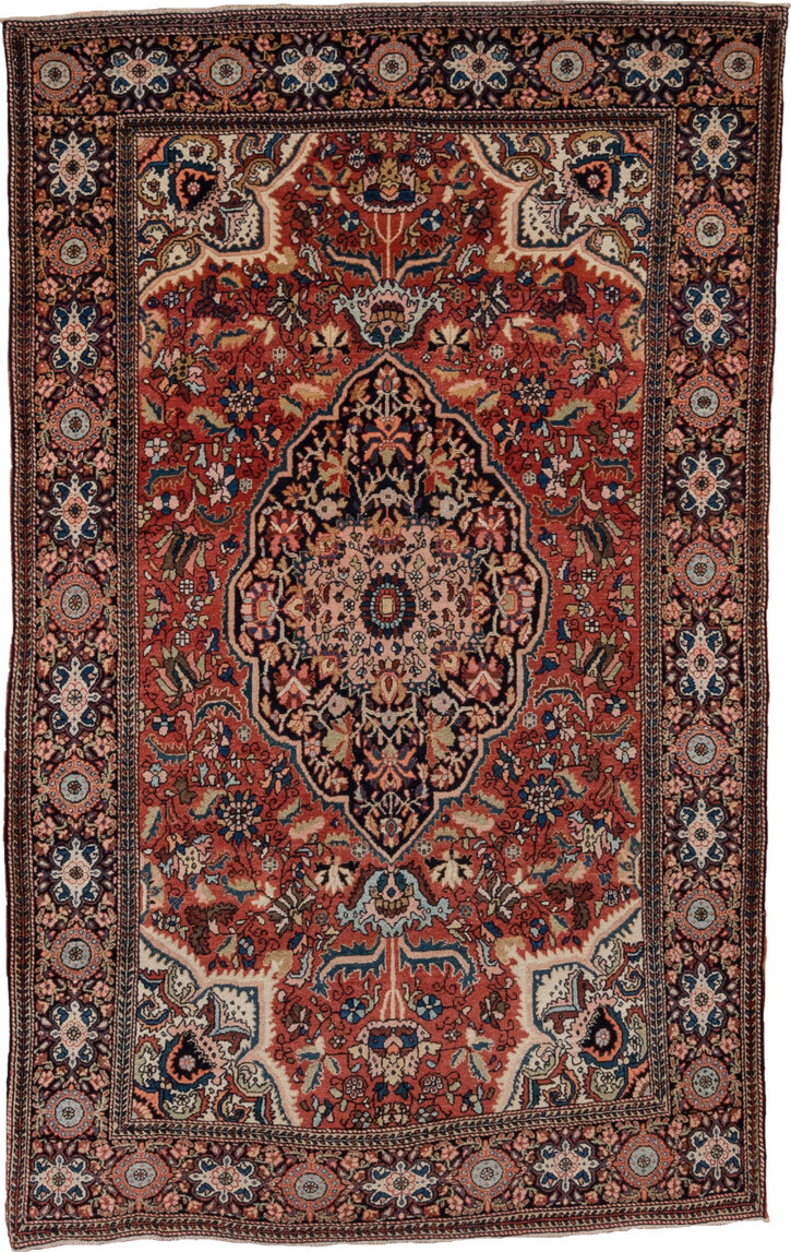 4' x 6' one-of-a-kind handmade vintage Far.Sarouk small size rug. Color palette: black, blue, brown, dark gray, gray