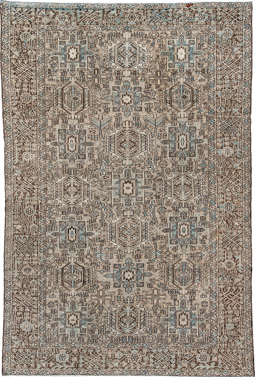 7' x 11' one-of-a-kind handmade vintage Karaje large size rug. Color palette: black, blue, brown, charcoal, dark gray, gray