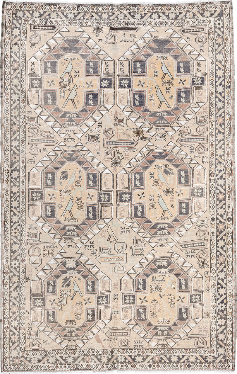4' x 6' one-of-a-kind handmade vintage Sumak small size rug. Color palette: gray, light gray, off-white, pink, brown, blue