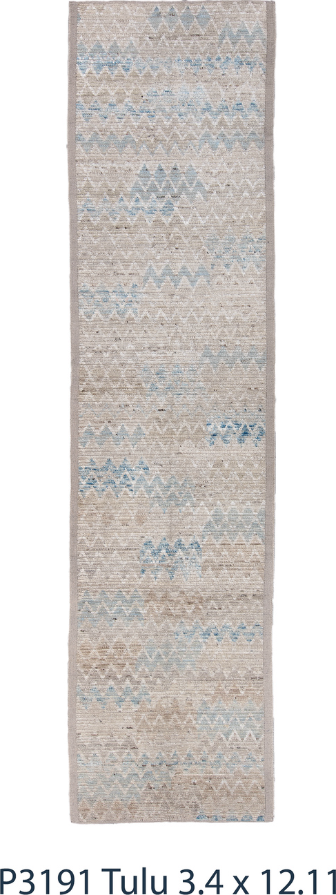 3' x 12' one-of-a-kind handmade vintage Tulu runner rug. Color palette: black, blue, brown, charcoal, dark gray, dim gray