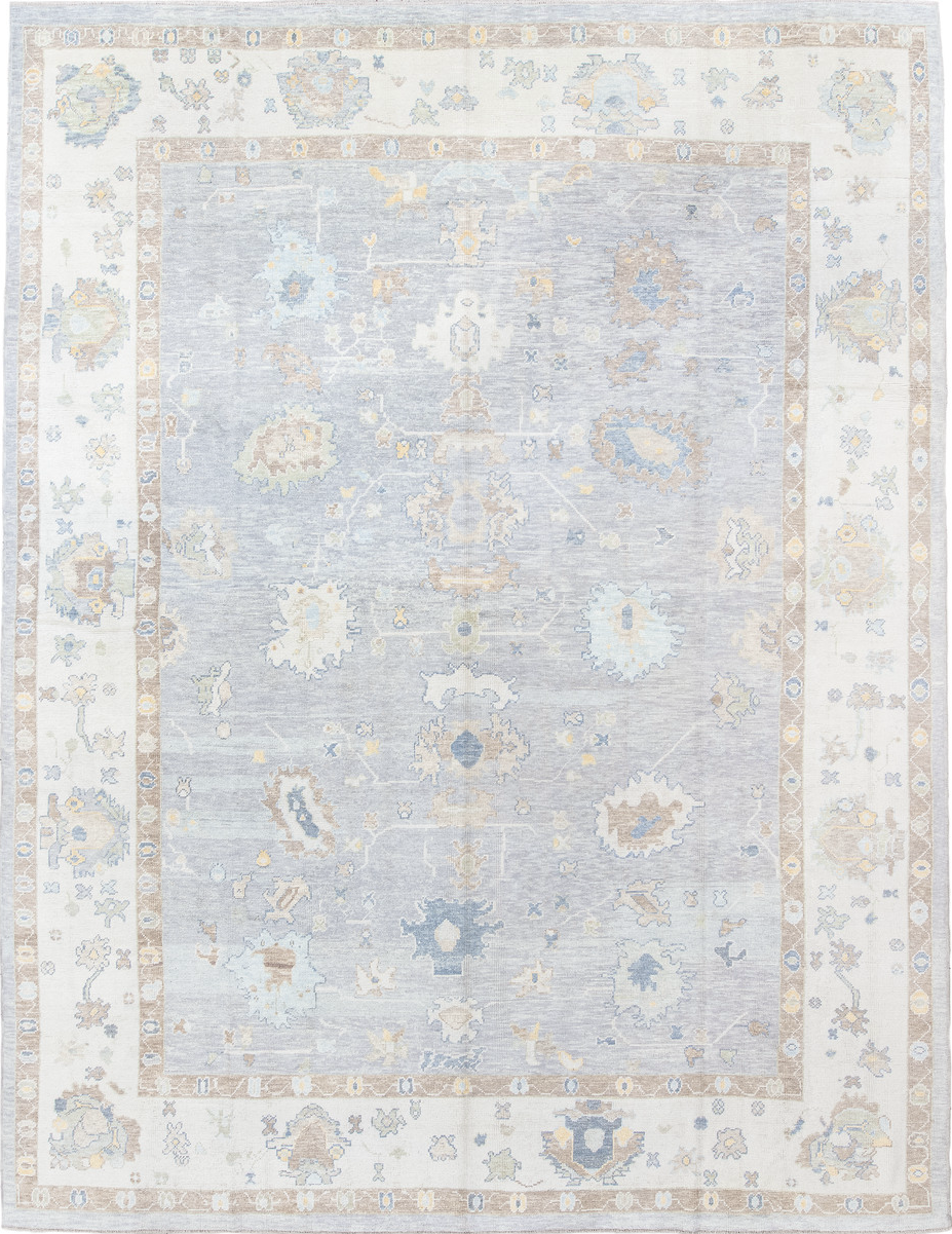 13' x 18' one-of-a-kind handmade vintage Oushak oversize rug. Color palette: gainsboro, gray, light blue, light gray, linen