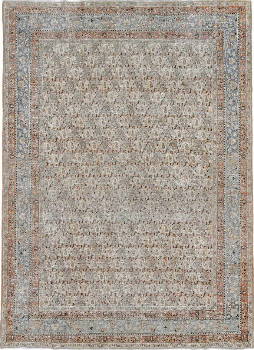 8' x 11' one-of-a-kind handmade vintage Khorassan large size rug. Color palette: black, blue, brown, charcoal, dark gray