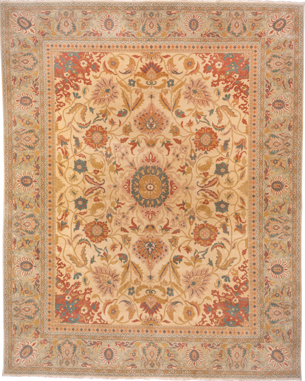 13' x 16' one-of-a-kind handmade vintage Sultanabad oversize rug. Color palette: pink, brown, yellow, orange, off-white