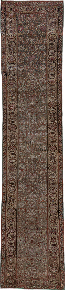 3' x 15' one-of-a-kind handmade vintage Malayer runner rug. Color palette: brown, gray, redwood