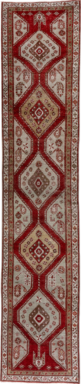 3' x 15' one-of-a-kind handmade vintage Oushak runner rug. Color palette: brown, gray, light gray, off-white, pink, red