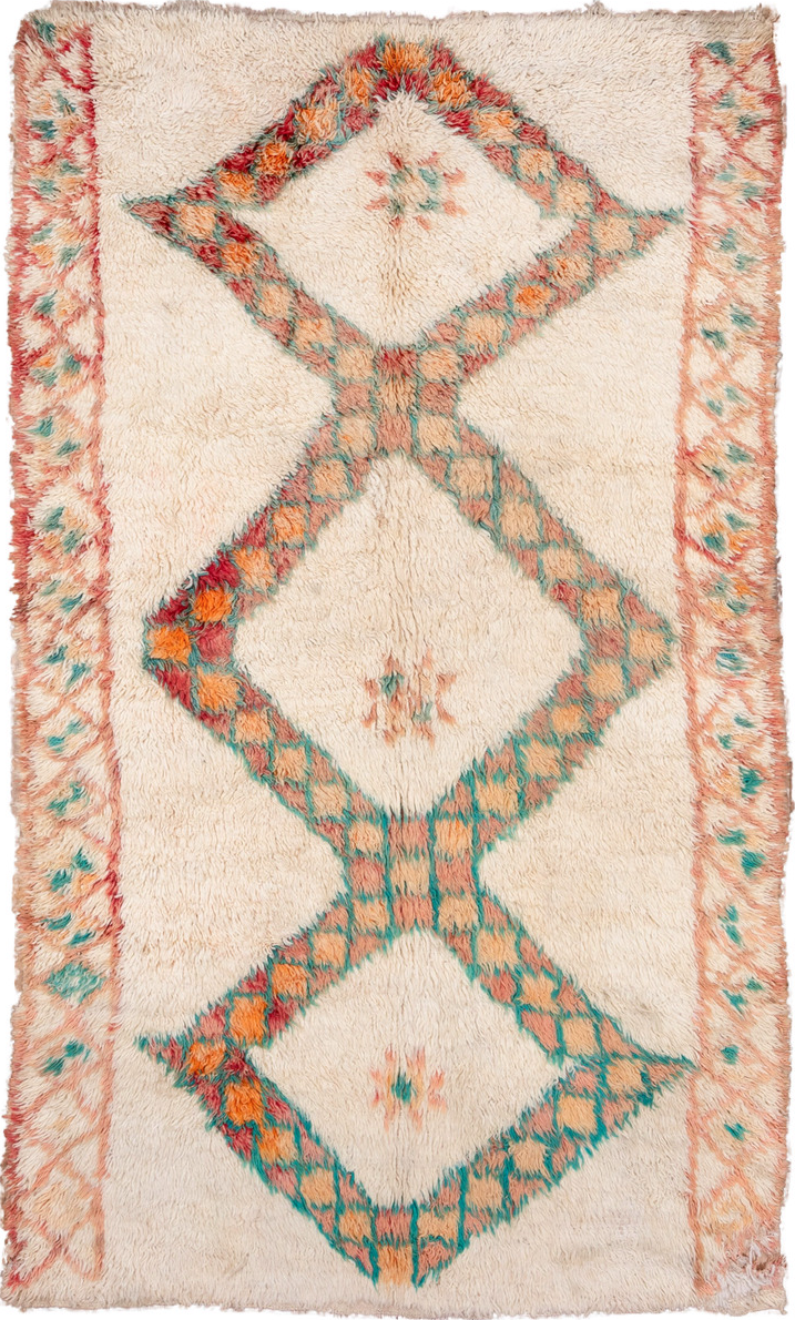 5' x 9' one-of-a-kind handmade vintage Moroccan medium size rug. Color palette: antiquewhite, blue, brown, gray, green