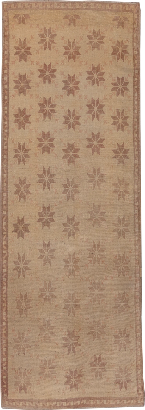 3' x 10' one-of-a-kind handmade vintage Tulu runner rug. Color palette: brown, pink, tan