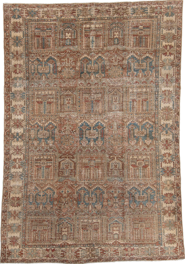 6' x 9' one-of-a-kind handmade vintage Baktiary medium size rug. Color palette: brown, gray, light gray, off-white, pink