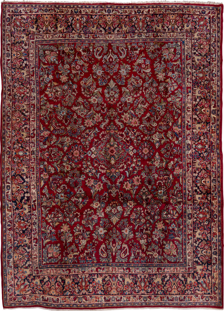 8' x 11' one-of-a-kind handmade vintage Sarouk large size rug. Color palette: black, blue, brown, dim gray, gray, pink, red