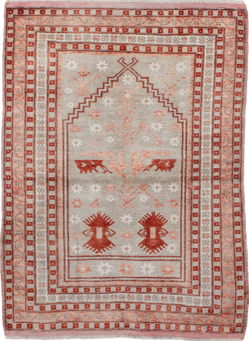 3' x 4' one-of-a-kind handmade vintage Anatol small size rug. Color palette: brown, gray, light gray, off-white, pink, red