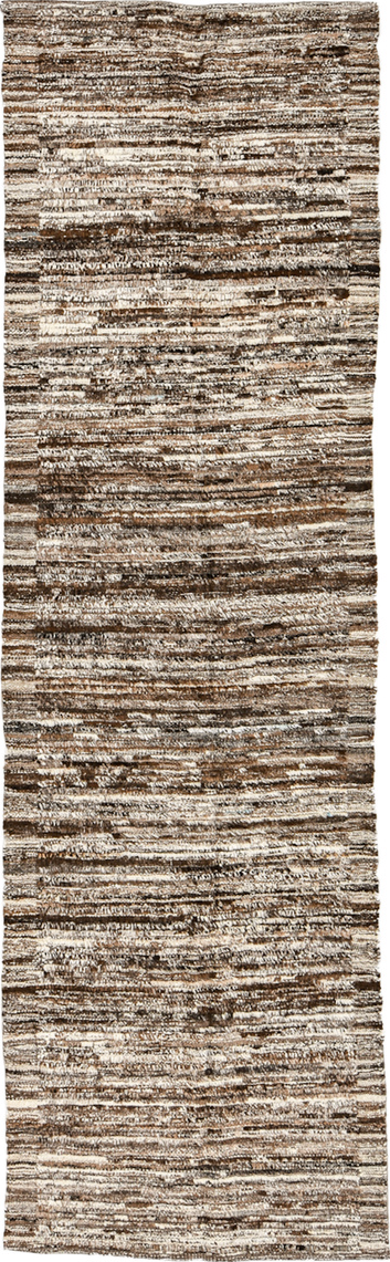 3' x 10' one-of-a-kind handmade vintage Tulu runner rug. Color palette: brown, dark gray, gray, light gray, off-white