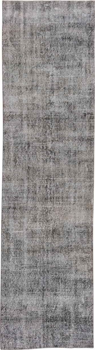 2' x 10' one-of-a-kind handmade vintage Overdyed runner rug. Color palette: black, charcoal, dark gray, dim gray, gray