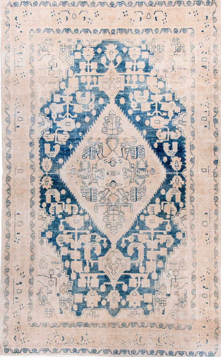 5' x 8' one-of-a-kind handmade vintage Hamadan medium size rug. Color palette: blue, brown, dark gray, gray, light blue