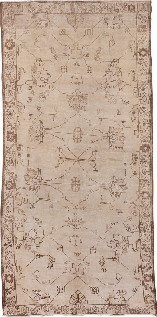 4' x 10' one-of-a-kind handmade vintage Oushak runner rug. Color palette: brown, gray, light gray, off-white, pink, snow