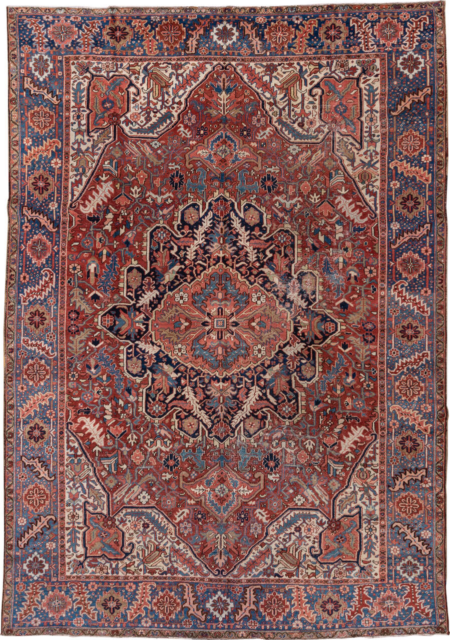 8' x 12' one-of-a-kind handmade vintage Heriz large size rug. Color palette: arapawa, blue, brown, dim gray, fiord, gray