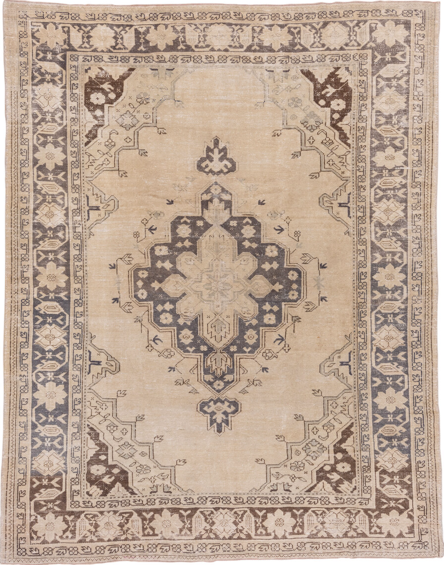 7' x 10' one-of-a-kind handmade vintage Oushak large size rug. Color palette: brown, dim gray, gray, light gray, off-white