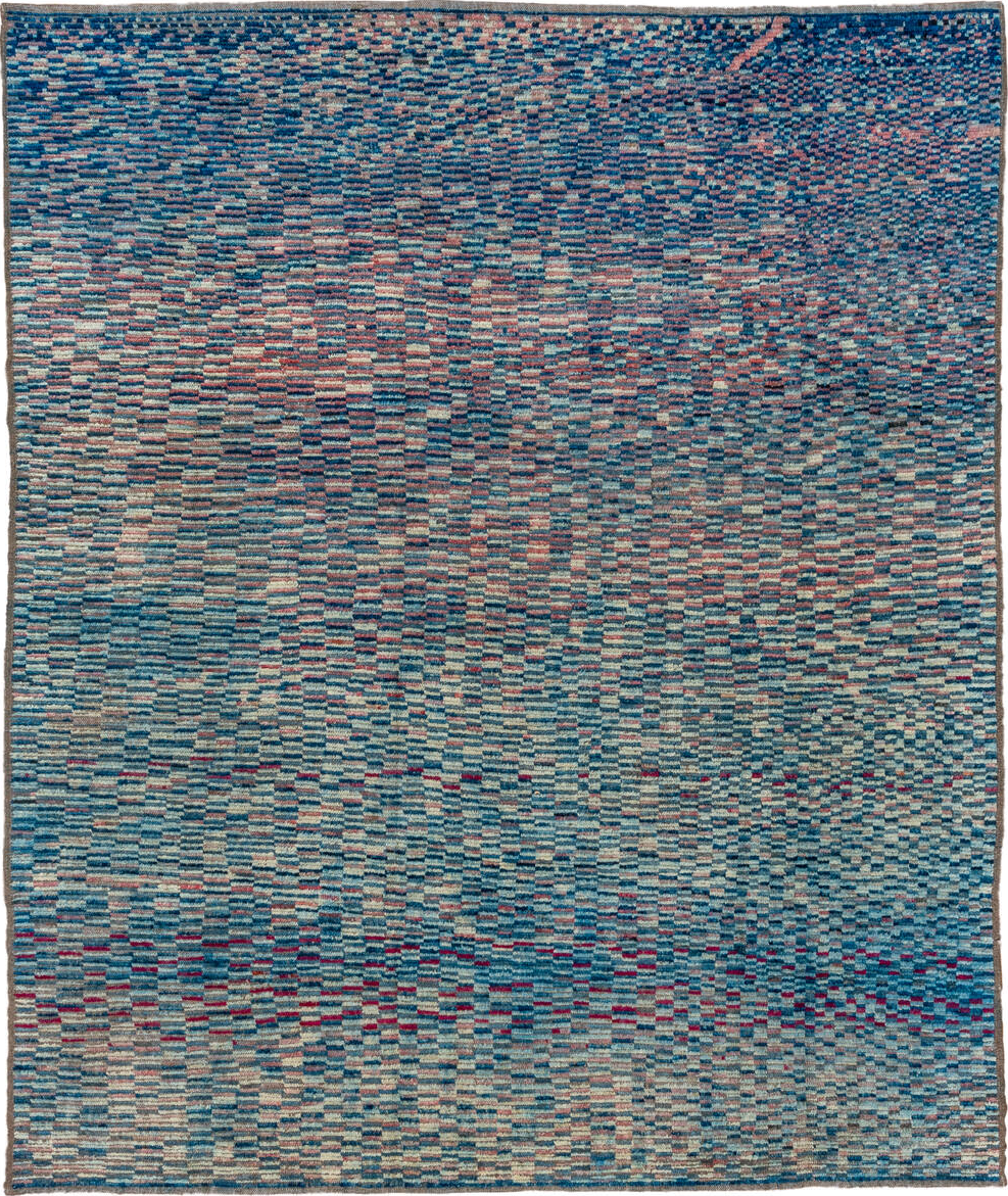 8' x 9' one-of-a-kind handmade vintage Tulu rug. Color palette: arapawa, blue, dim gray, gray, light gray, off-white, pink