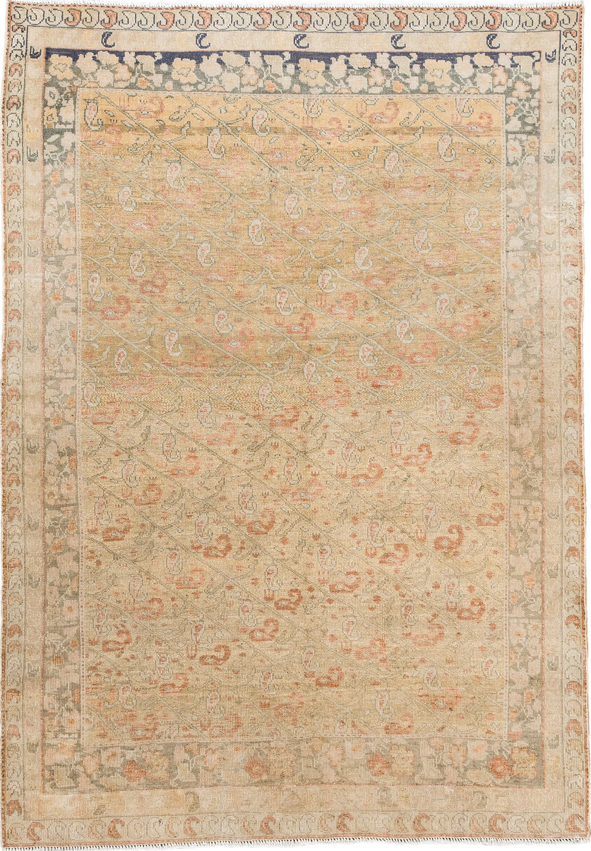 3' x 5' one-of-a-kind handmade vintage Sivas small size rug. Color palette: bisque, brown, dim gray, gray, off-white, orange