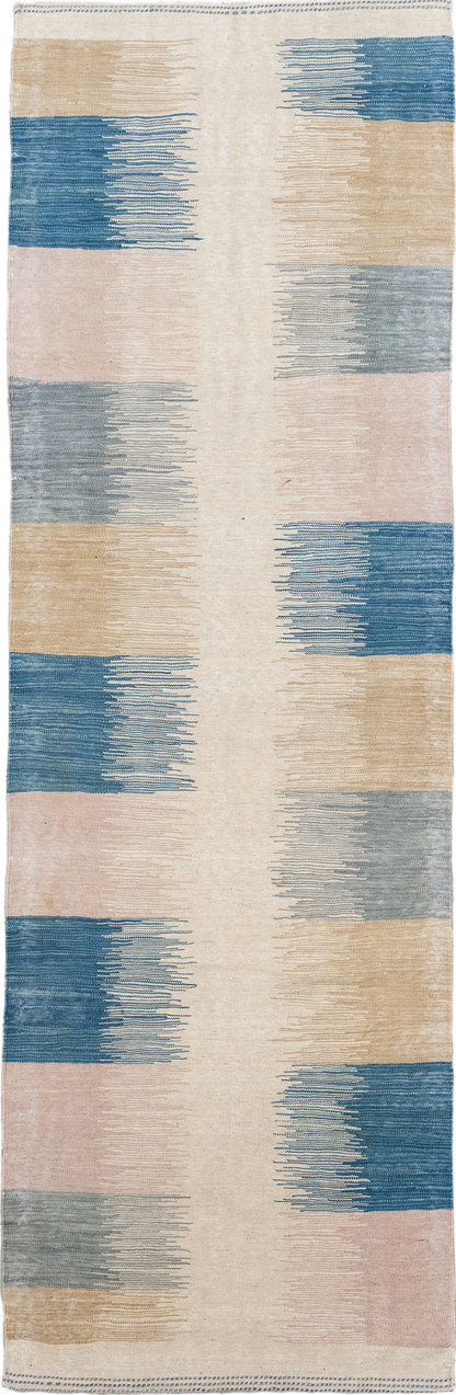 2' x 8' one-of-a-kind handmade vintage Kilim runner rug. Color palette: gray, off-white, pink, brown, blue, light gray
