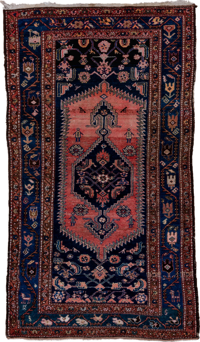 3' x 7' one-of-a-kind handmade vintage Malayer rug. Color palette: black, blue, brown, charcoal, gray, pink, red