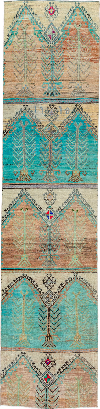 2' x 12' one-of-a-kind handmade vintage Oushak runner rug. Color palette: black, blue, brown, dark cyan, gray, green