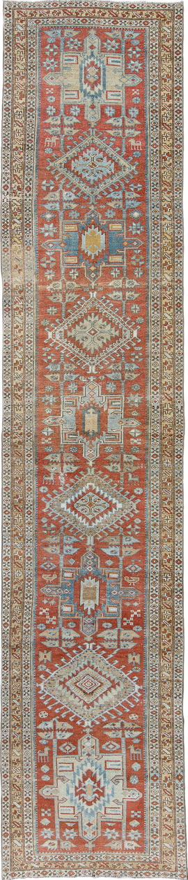 3' x 14' one-of-a-kind handmade vintage Heriz runner rug. Color palette: black, brown, gray, light gray, off-white, pink