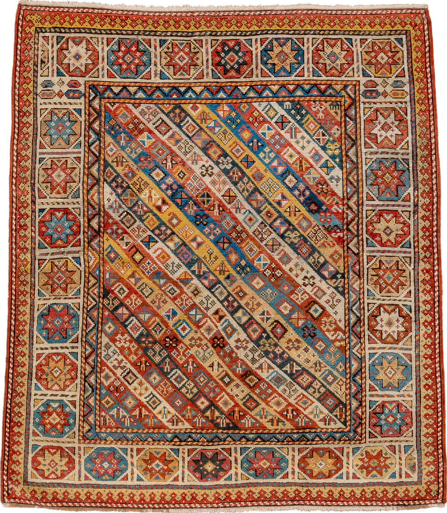 3' x 4' one-of-a-kind handmade vintage Kazak small size rug. Color palette: black, blue, brown, dim gray, gray, off-white