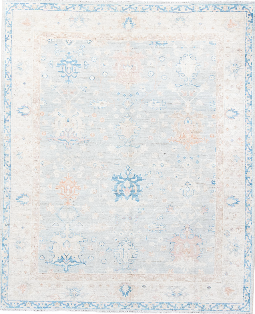 8' x 10' one-of-a-kind handmade vintage Oushak large size rug. Color palette: azure, gainsboro, gray, light blue, light gray