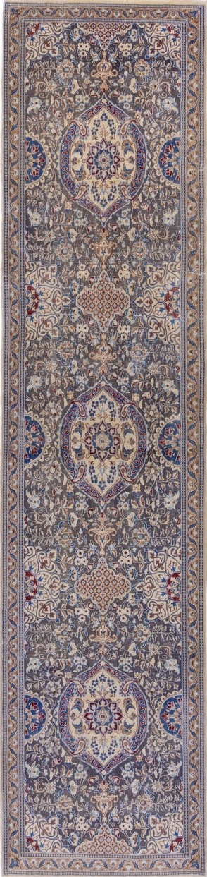 3' x 12' one-of-a-kind handmade vintage Naiin runner rug. Color palette: blue, brown, dark gray, gray, light blue