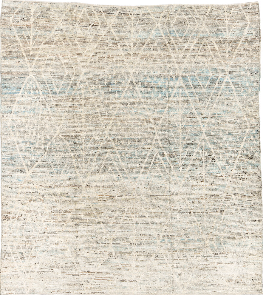 8' x 9' one-of-a-kind handmade vintage Tulu rug. Color palette: dark gray, gainsboro, gray, light gray, off-white, silver