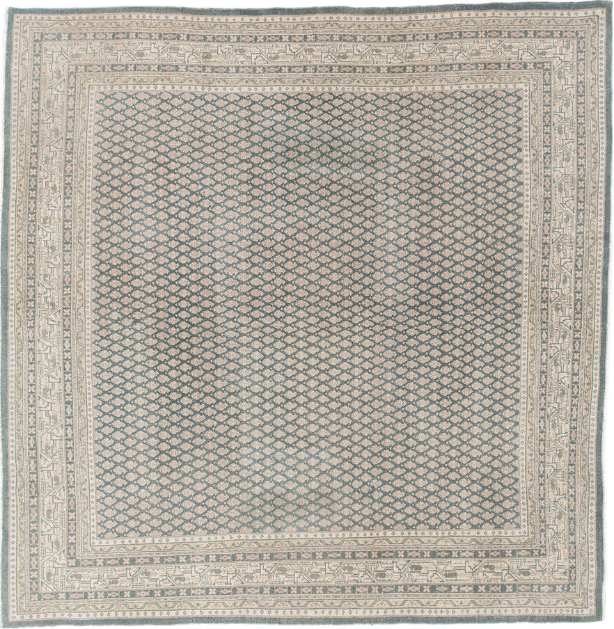 6' x 6' one-of-a-kind handmade vintage Mir rug. Color palette: dark gray, dim gray, gainsboro, gray, light gray, off-white
