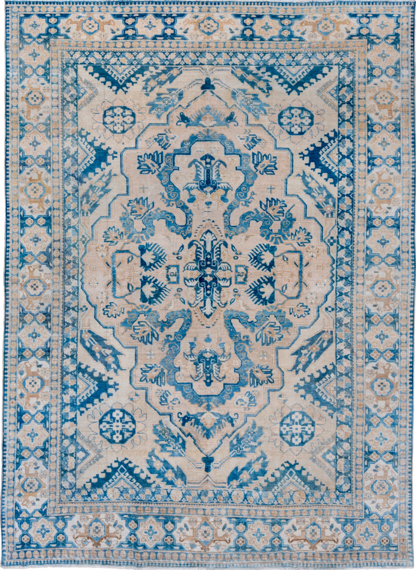 7' x 10' one-of-a-kind handmade vintage Tabriz large size rug. Color palette: arapawa, blue, dark gray, dim gray, gray