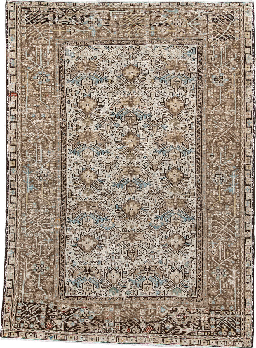 4' x 6' one-of-a-kind handmade vintage Karaje small size rug. Color palette: black, brown, gray, light gray, off-white, pink