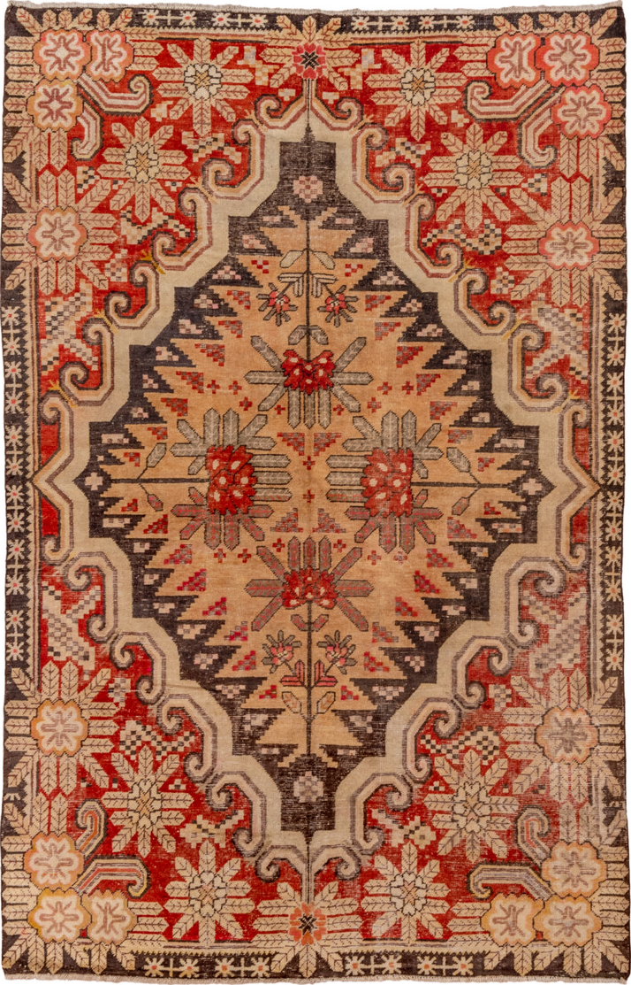 5' x 8' one-of-a-kind handmade vintage Khotan medium size rug. Color palette: brown, dark red, off-white, orange, red, tan