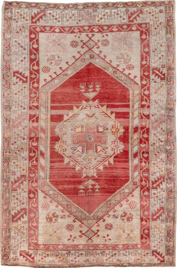 3' x 5' one-of-a-kind handmade vintage Oushak small size rug. Color palette: brown, gray, light gray, orange, pink, red
