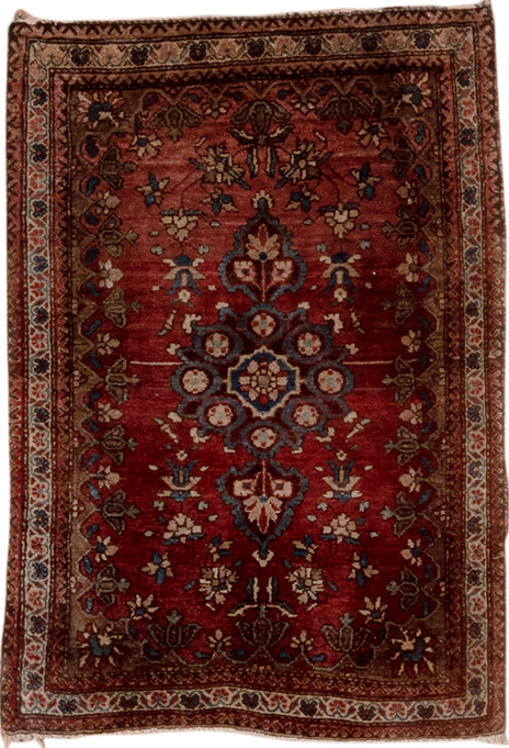1' x 2' one-of-a-kind handmade vintage Sarouk small size rug. Color palette: black, brown, gray, pink